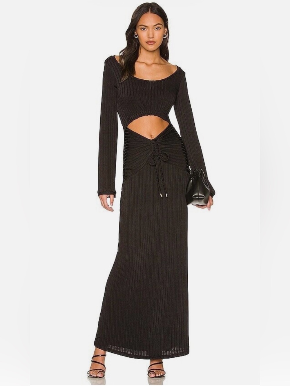 Free People Black Ribbed Long-Sleeve Maxi with Front Cutout and Drawstring